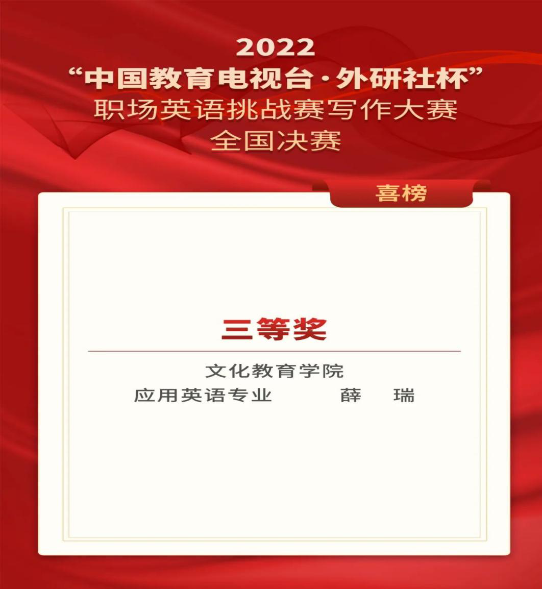 2022“中国教育电视台·外研社杯”职场英语挑战赛写作大赛全国决赛获奖名单